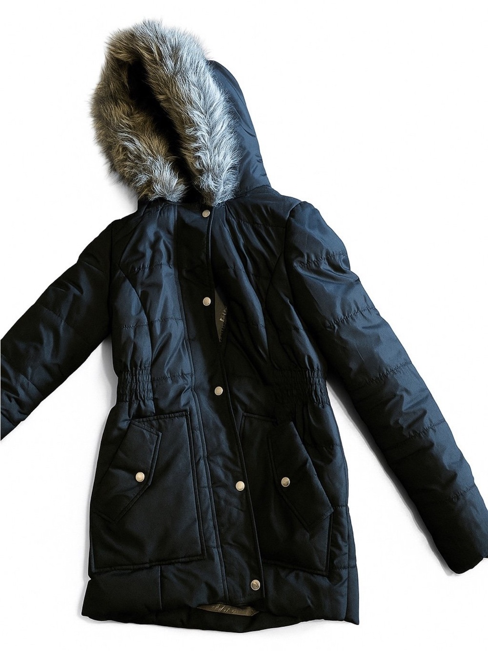 Krush Black Puffer Jacket with Faux Fur Trimmed Hood